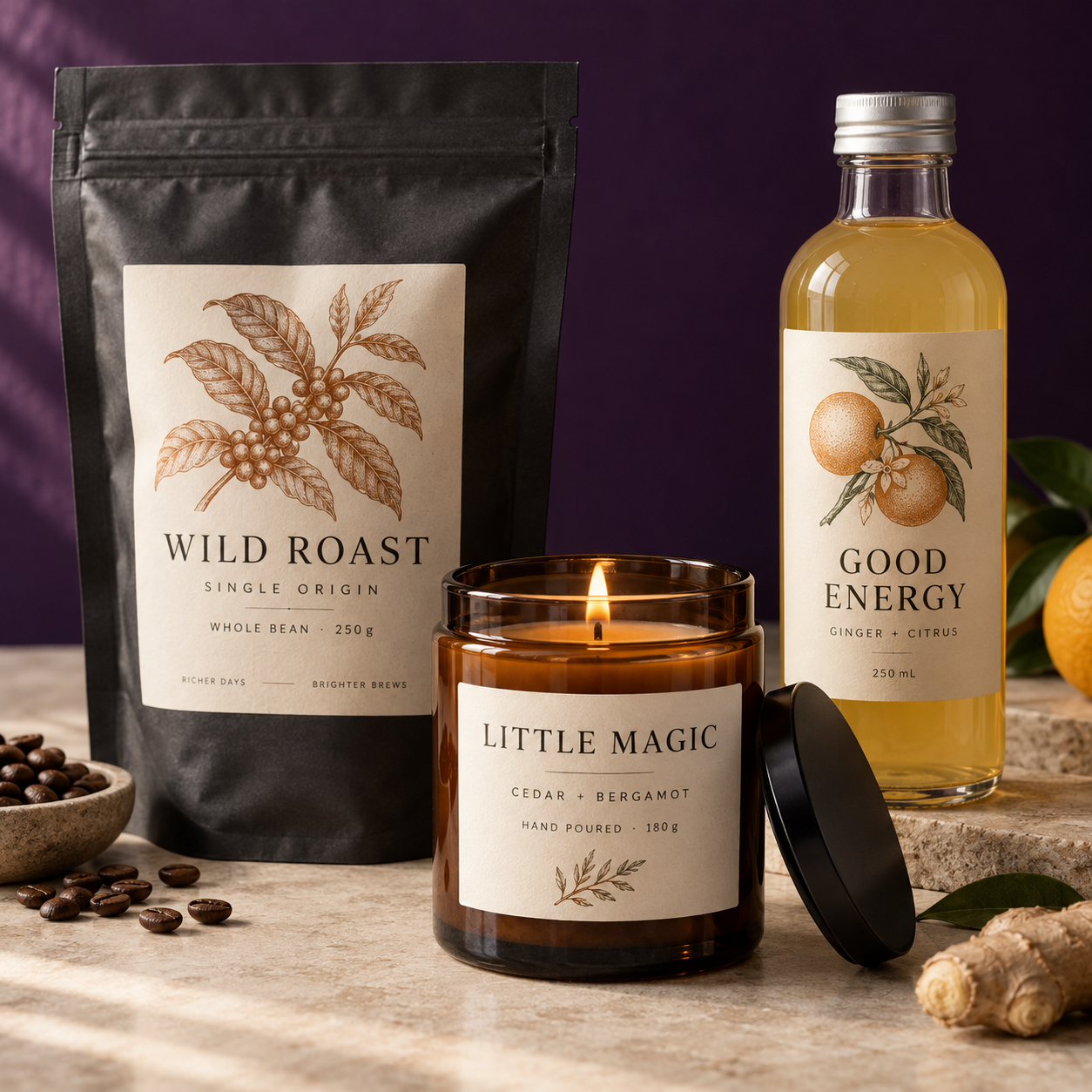 Realistic packaging concepts: coffee pouch, citrus beverage bottle, and amber candle jar with detailed cream paper labels